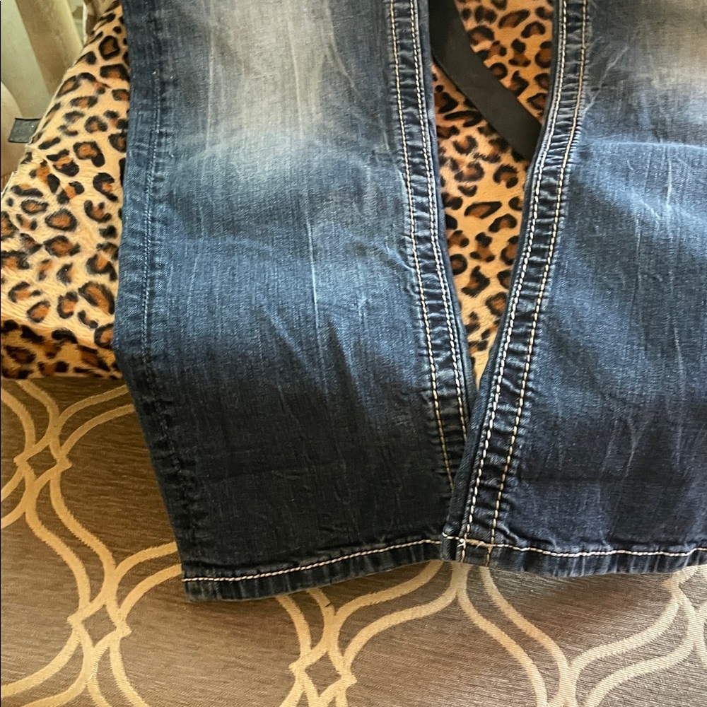 Miss Me Dark Blue Denim Jeans with Cream Stitching cropped or straight 27 in ins - Picture 9 of 10